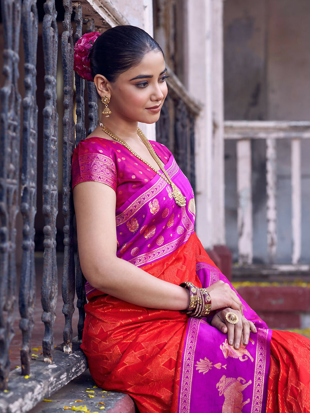 Red Soft Silk Saree with Purple Blouse Traditional Ethnic Wear