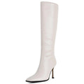 Phefarer Knee High Boots Women Tall Long White Fall Winter Boots 3.74 In Stiletto Heel Sexy Fashion Leather Side Zipper Square Toe Size 7