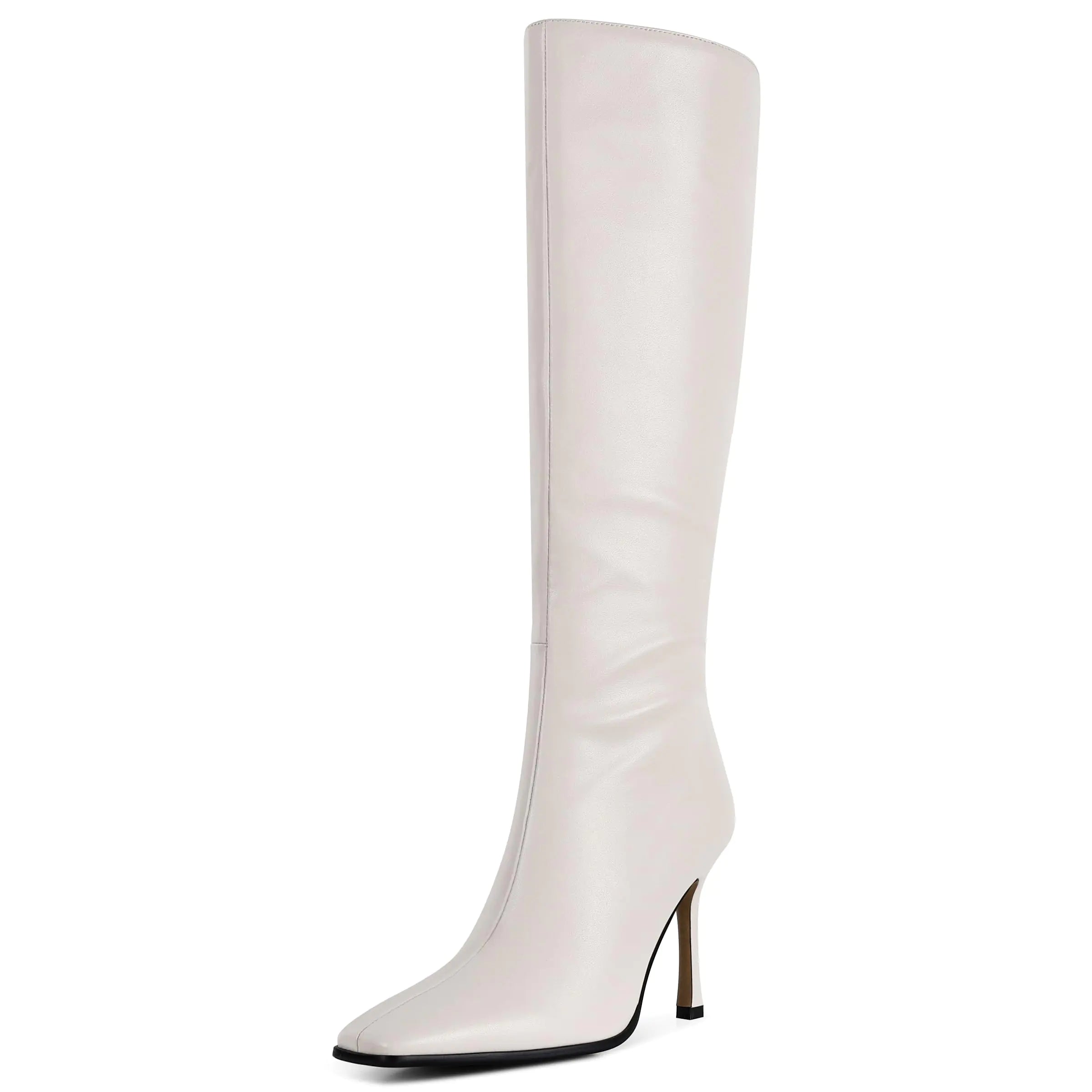 Phefarer Knee High Boots Women Tall Long White Fall Winter Boots 3.74 In Stiletto Heel Sexy Fashion Leather Side Zipper Square Toe Size 7