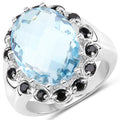 12.49 Carat Genuine Blue Topaz & Black Spinel .925 Sterling Silver Ring