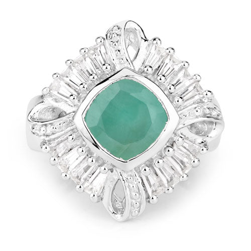"2.57 Carat Genuine Emerald, White Topaz and White Diamond .925 Sterling Silver Ring