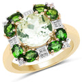 14K Yellow Gold Plated 5.36 Carat Genuine Green Amethyst, Chrome Diopside & White Topaz .925 Sterling Silver Ring