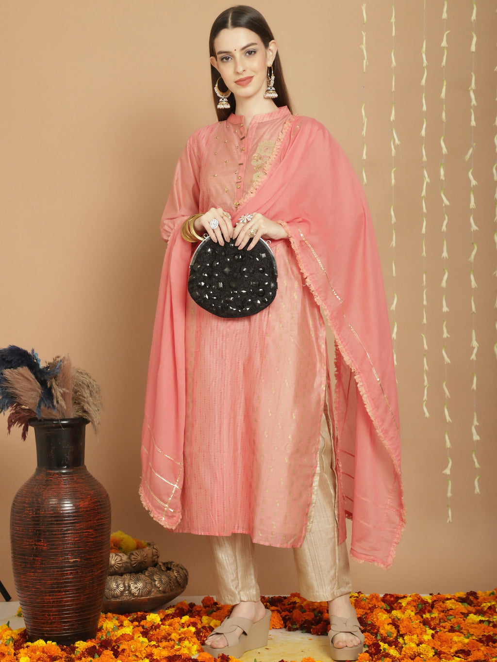 Peach Chanderi Silk A-Line Kurta Set with Jardoshi Embroidery