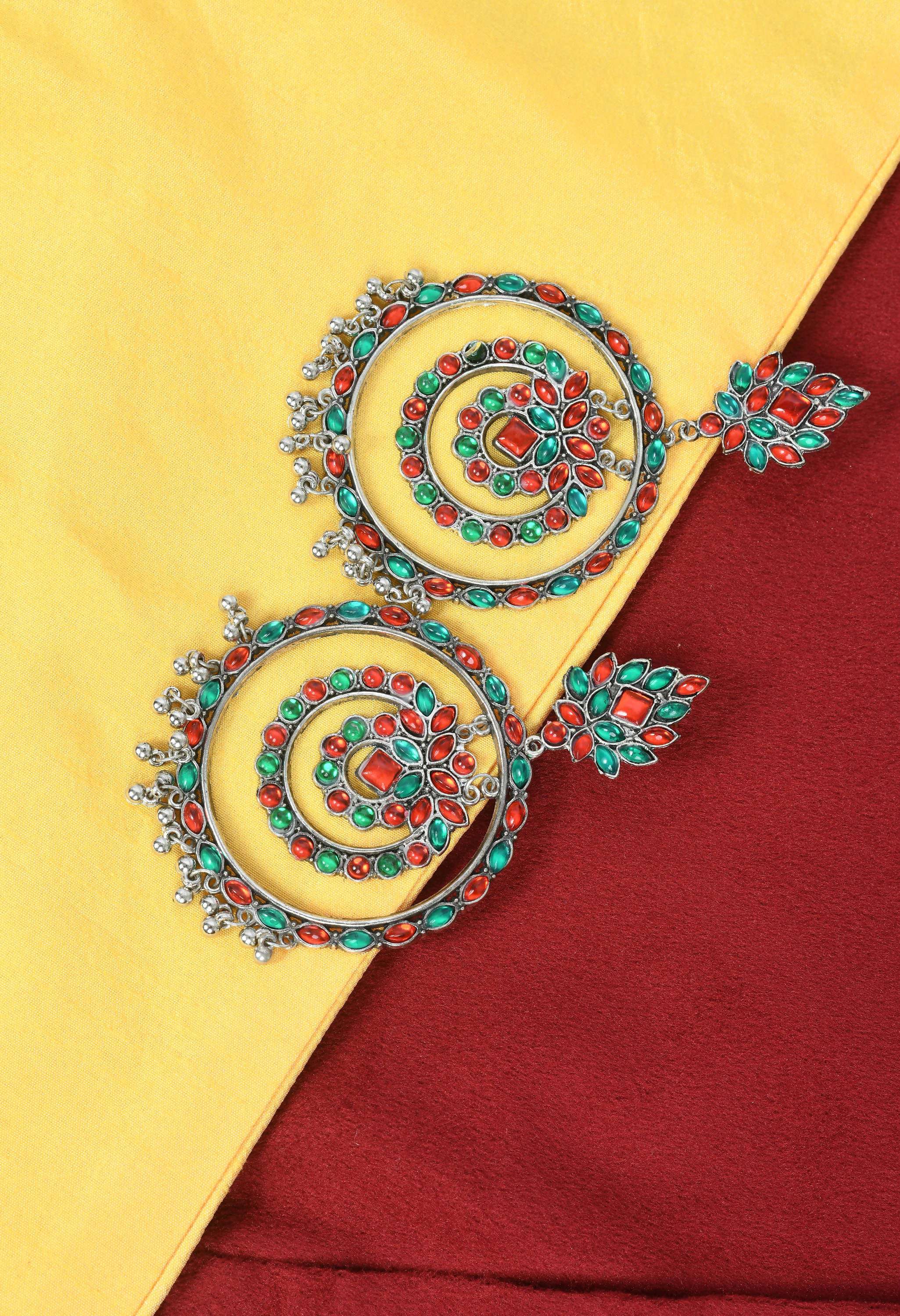 Red and Green Kundan Circle Earrings for Festive Ethnic Style