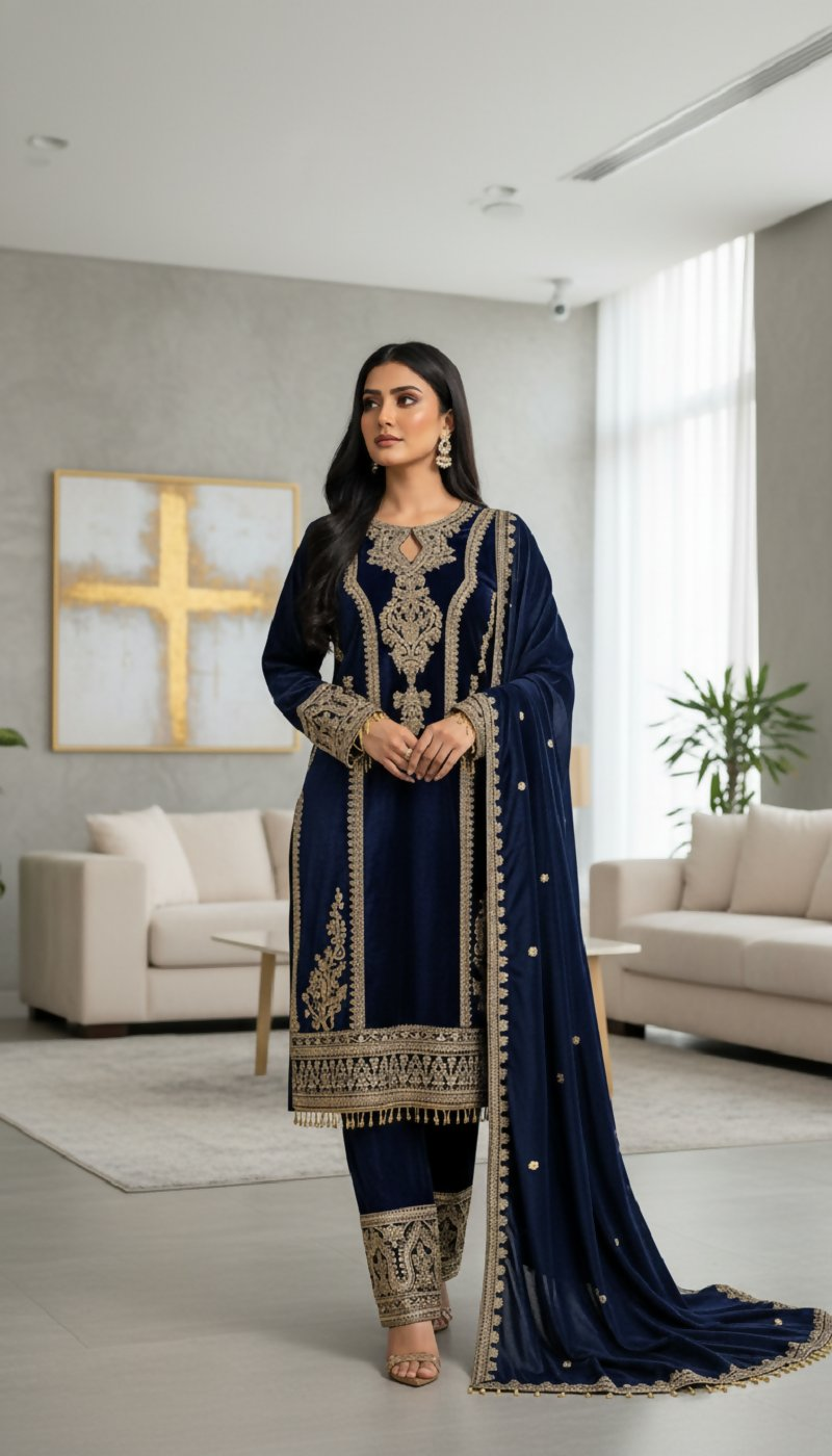 Blue Velvet Embroidered Sequence Work Readymade Kurta Set