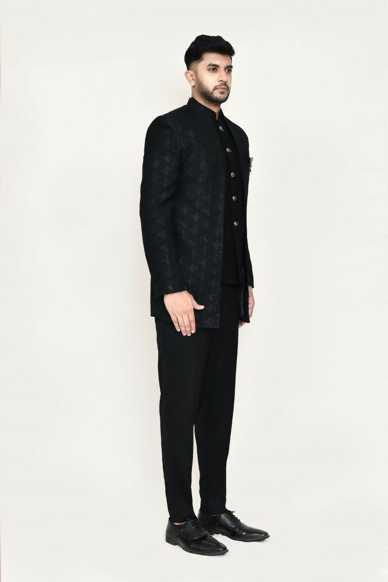 Black Imported Jacquard Prince Coat and Pant Set