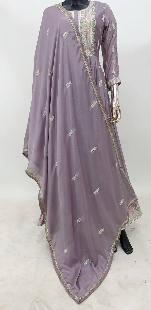 Lavender Chinon Embroidery Sequins Work Stitched Gown