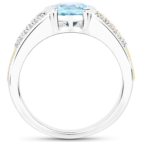 1.37 Carat Genuine Aquamarine and White Diamond 14K Yellow Gold with .925 Sterling Silver Ring