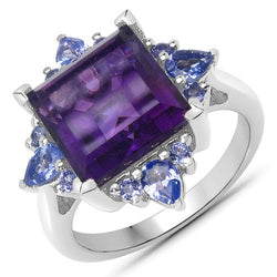 5.15 Carat Genuine Amethyst and Tanzanite .925 Sterling Silver Ring