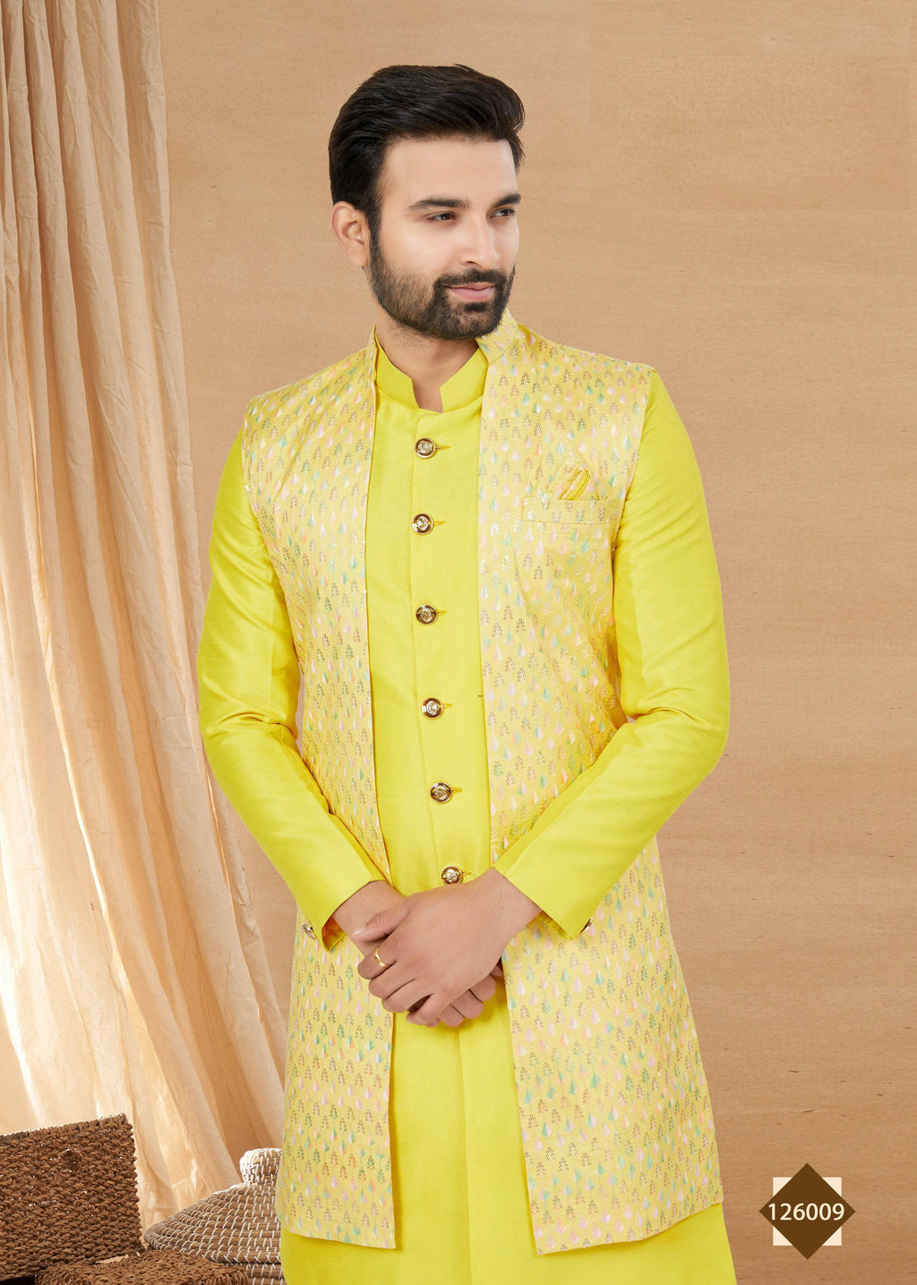Men's Lemon Yellow Art Silk Indowestern Set with Jacket