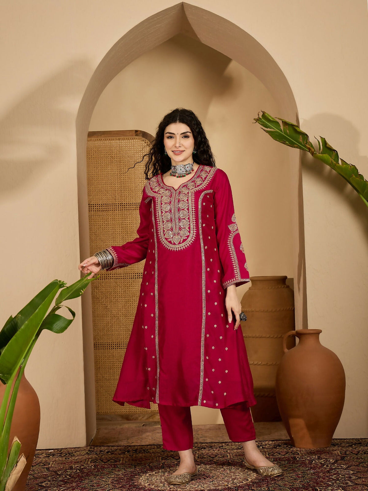 Embroidered Red Vichitra Silk Kurta Set for Festive Wear