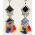 Long silver oxidized earrings for girls with double mirrors and multi-color silk threads