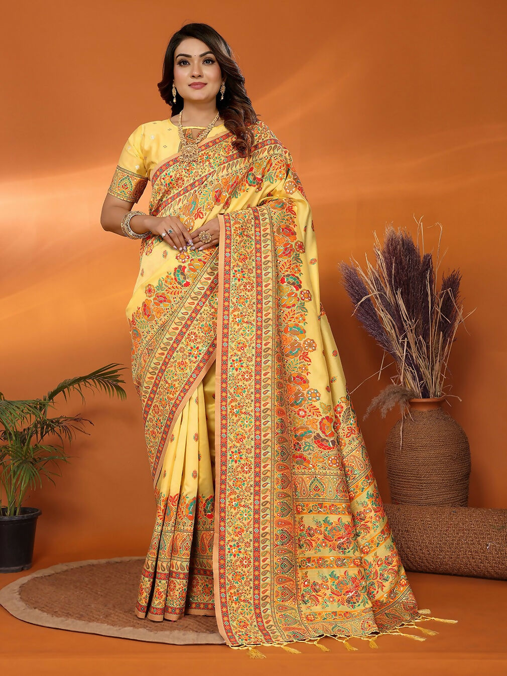 Joban Fashion Yellow Meena Weaves Pashmina Sarees