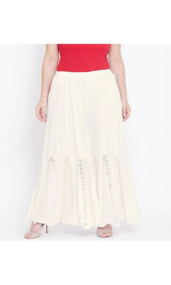 Off White Mirror Flower Work Palazzo Pants - Wide Leg Casual Fit