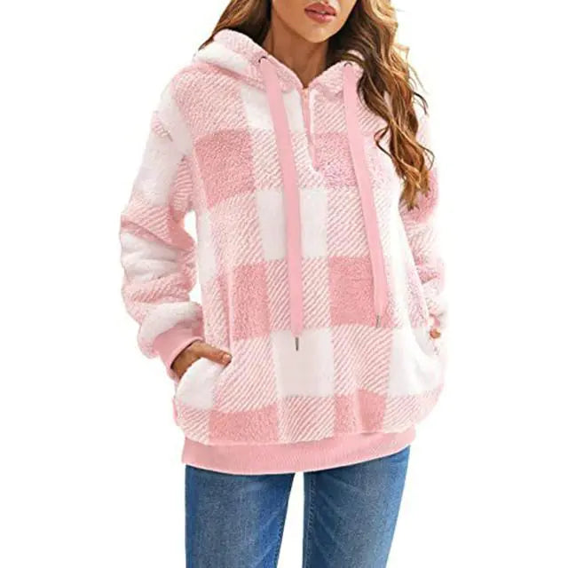 Women's Plush Hoodie with Drawstring - Cozy Comfort