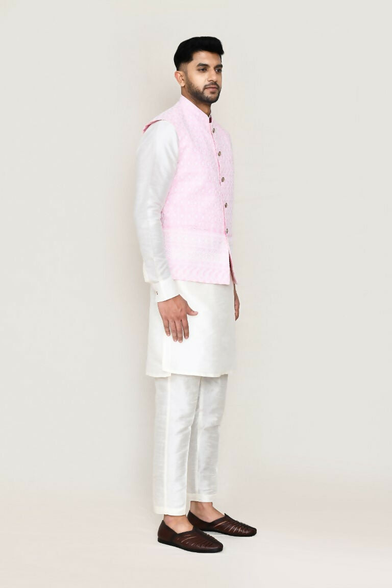 White Art Silk Kurta Set with Matching Jacket and Straight Pants