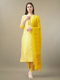 Vibrant yellow rayon straight kurta with embroidery and sequence detail, styled with trousers and matching dupatta.