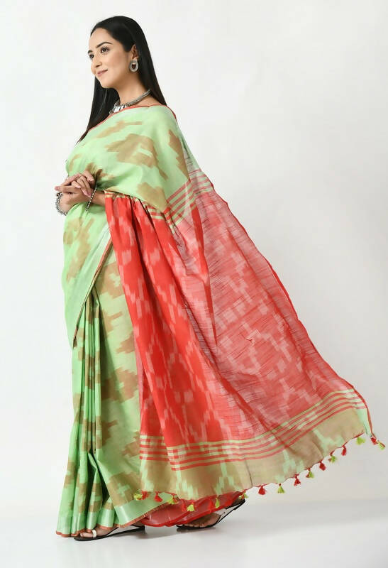 Light Green and Red Bhagalpuri Ikat Pure Cotton Saree
