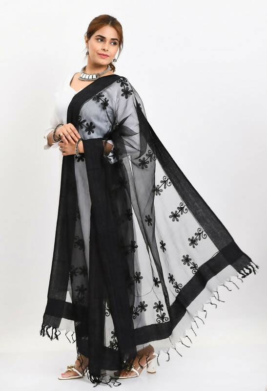 Black Organza Dupatta with All Over Chikan Embroidery Work