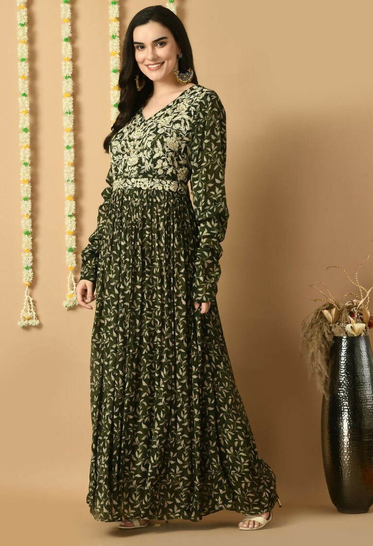 Women's Elegant Green Chinnon Kurta Set - 2 Piece Ethnic Wear