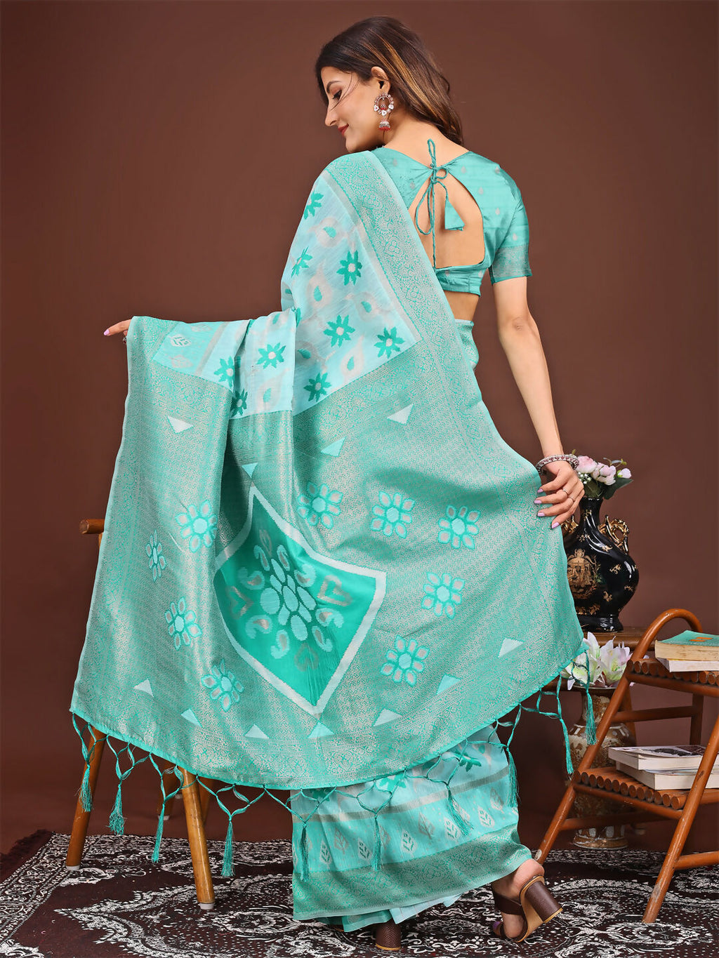 Sea Green Linen Cotton Saree with Matching Blouse Piece