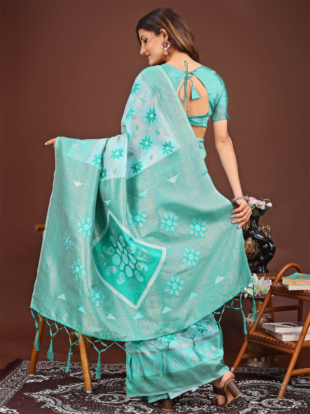 Sea Green Linen Cotton Saree with Matching Blouse Piece