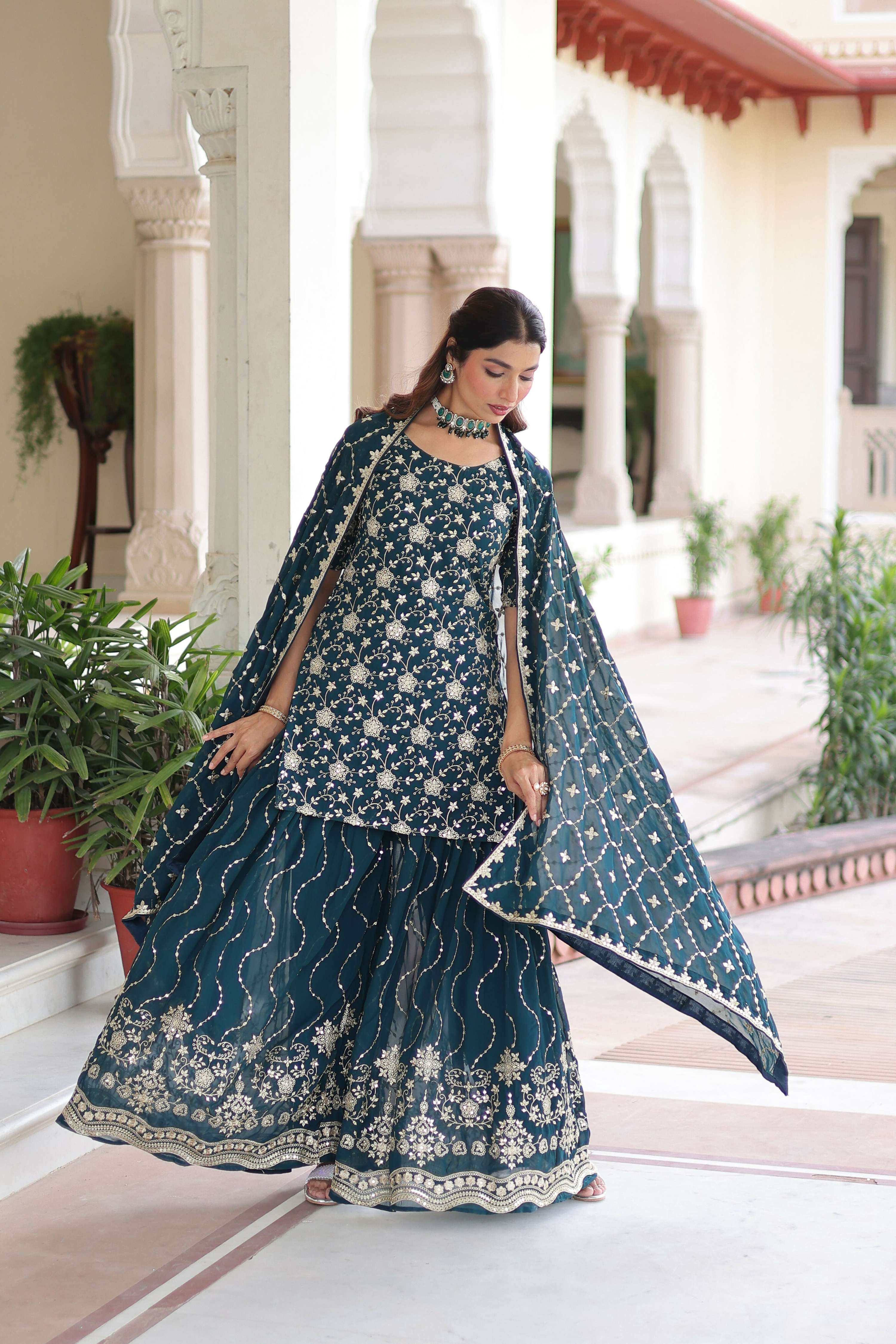 Joban Fashion Rama Green Readymade Kurta Set With Sequence embroidery Work