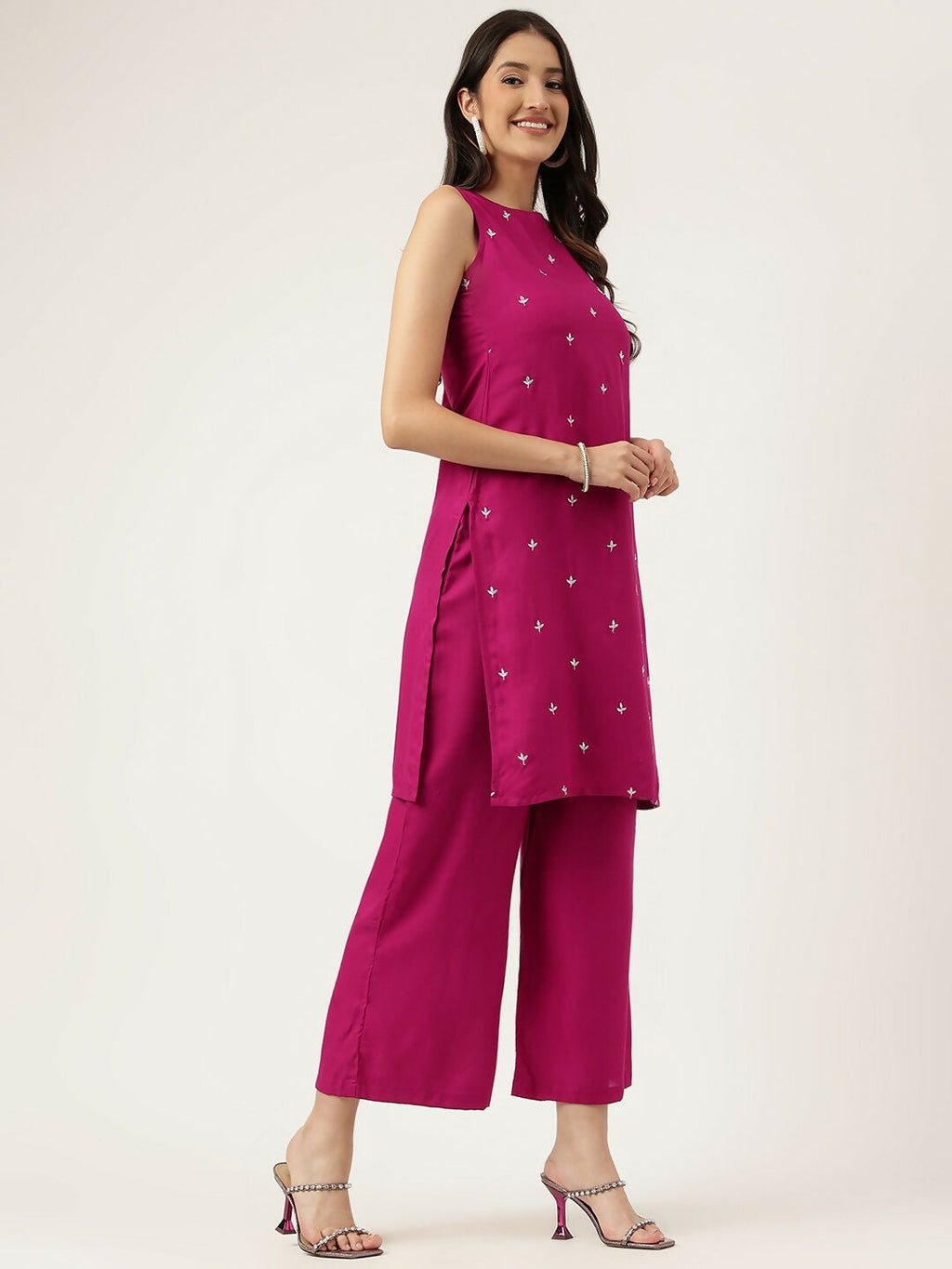 Pink Straight Kurta and Bottom Set with Intricate Embroidery