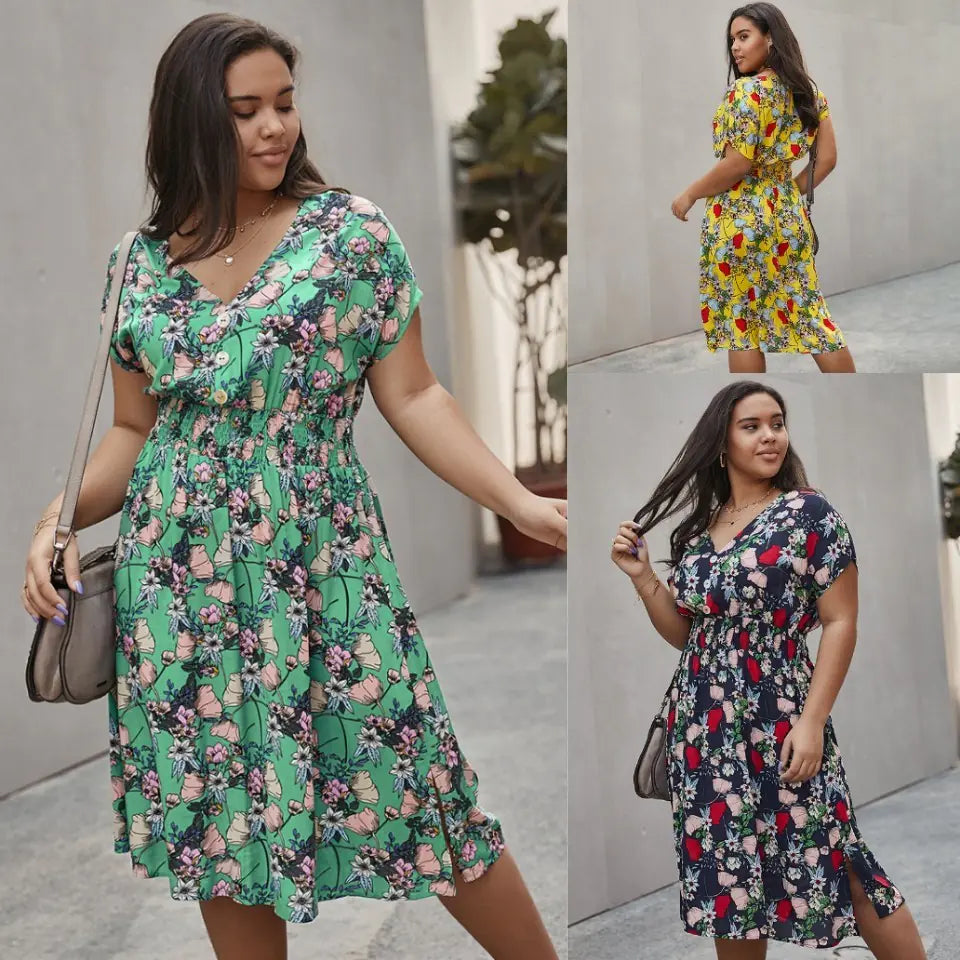 Women's V-Neck Floral Print Midi Beach Dress with Smocked Waist - Image 7