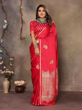 Joban Fashion Red Floral Motifs Banarasi Silk Sarees