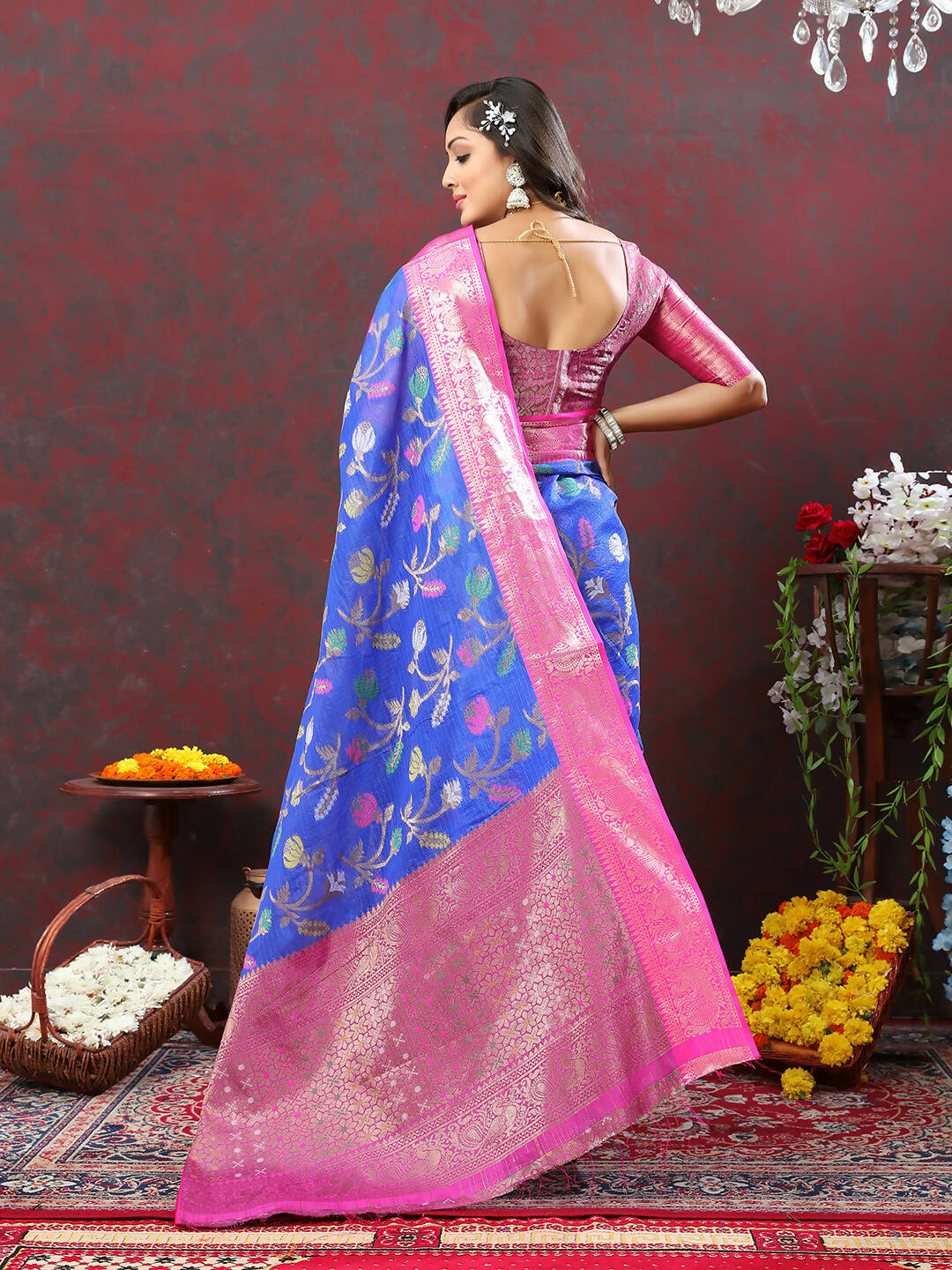 Blue Cotton Woven Design Saree with Zari Meenakari Weaving