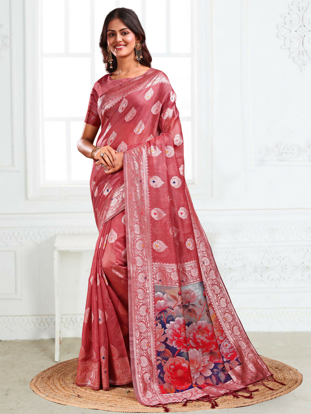 Linen Cotton Rust Saree with Matching Blouse Piece