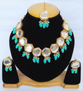 Firozi and white stone Kundan necklace set with gold plating for festive ethnic wear
