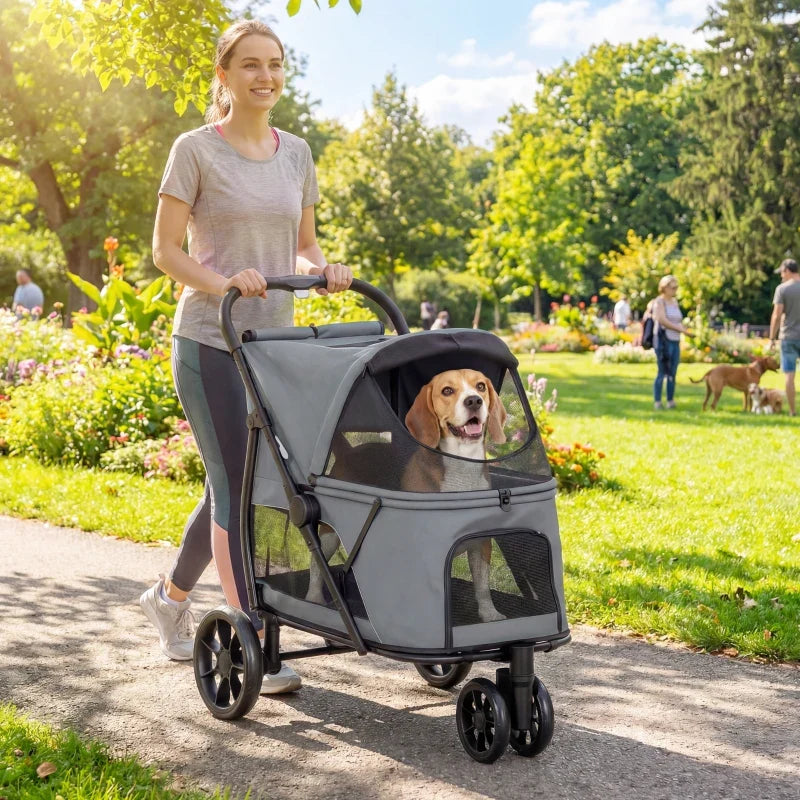 3 Wheel Pet Stroller with Easy One-Click Quick Fold, Mesh Window, Washable Cushion, for Medium Dogs