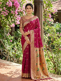 Pink soft silk saree paired with a golden silk blouse.