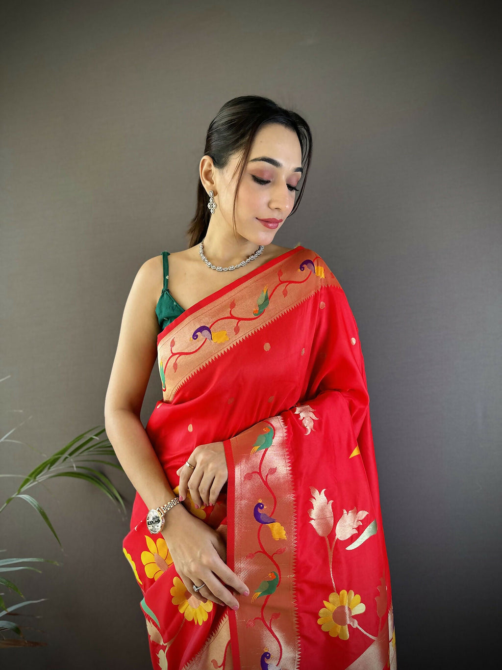 Red Zari Woven Floral Motifs Soft Silk Paithani Saree