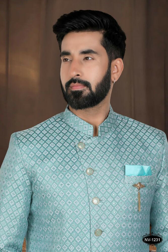 Green Woven Jacquard Kurta with White Pyjama Set for Toddlers