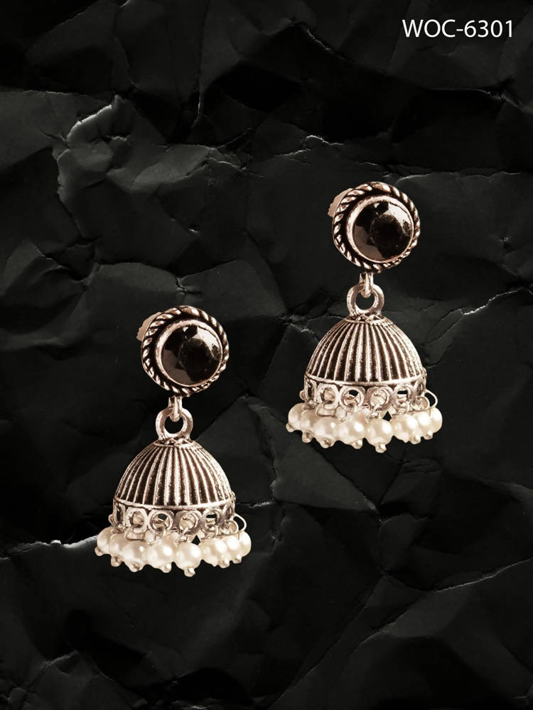 Johar Kamal Oxidised Silver Jhumka Earrings with Black Stone Accent