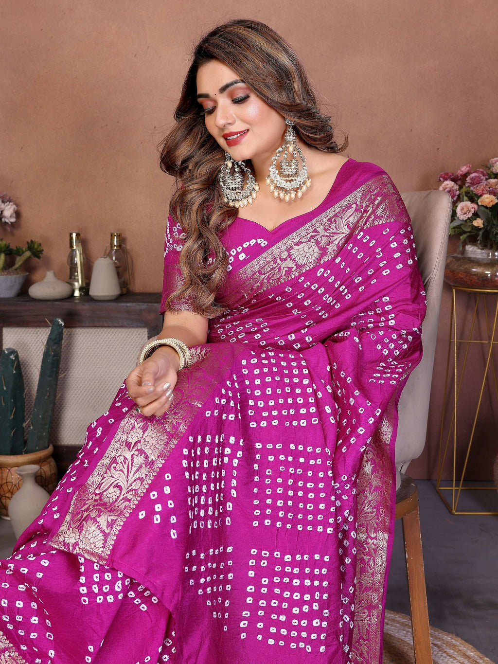 Magenta Pure Dola Silk Handmade Bandhej Saree