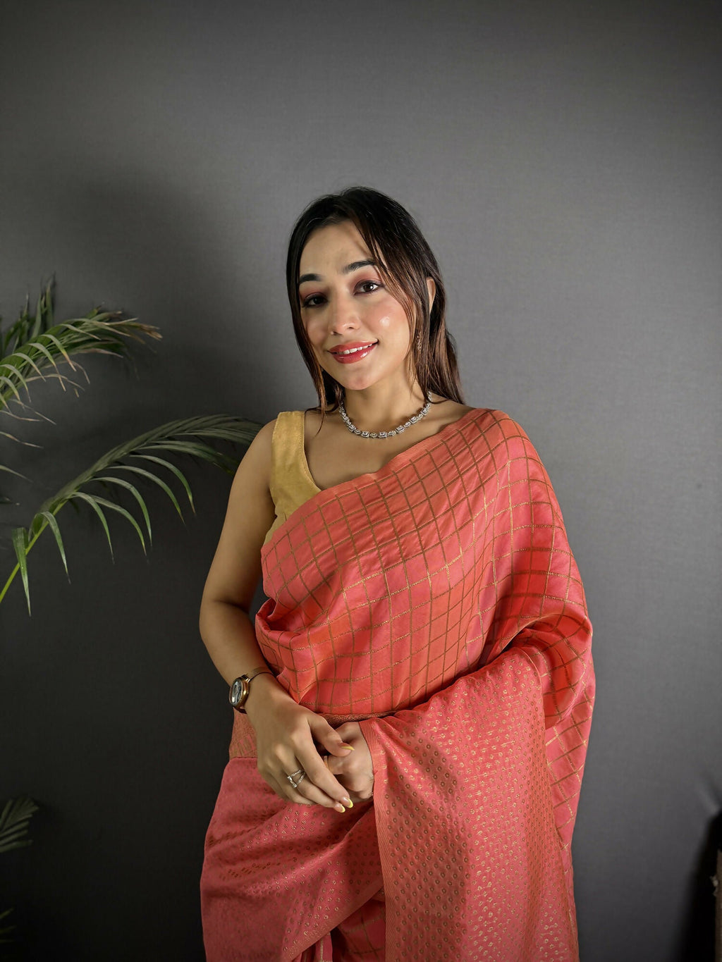 Peach Banarasi Soft Lichi Silk Saree with Checks & Woven Detail