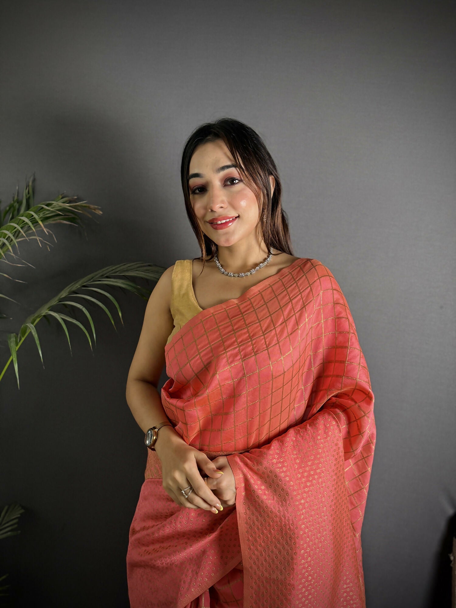 Peach Banarasi Soft Lichi Silk Saree with Checks & Woven Detail