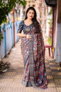 Grey slub silk saree with intricate Kalamkari print and jacquard zari border