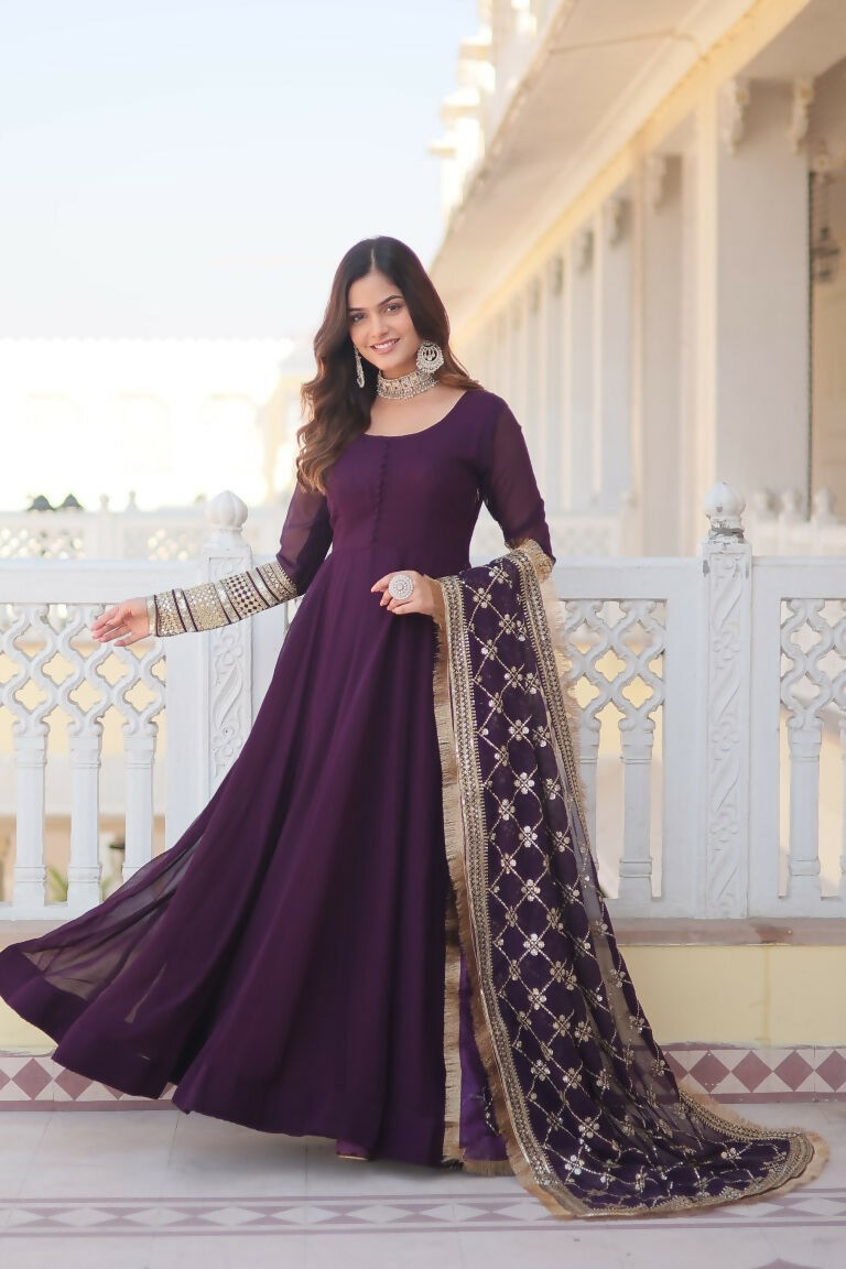 Wine Faux Blooming Anarkali Dress with Sequins Zari Embroidery