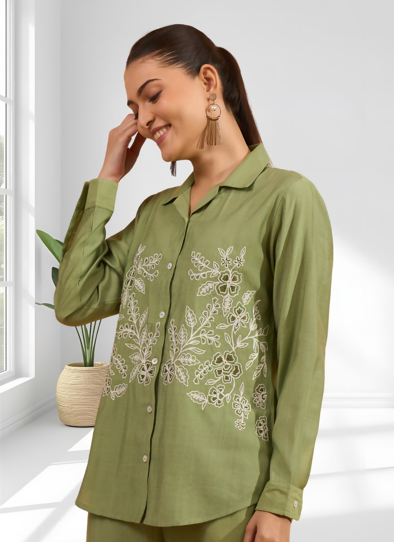 Green Silk Embroidered Readymade Cord Set for Festive Wear