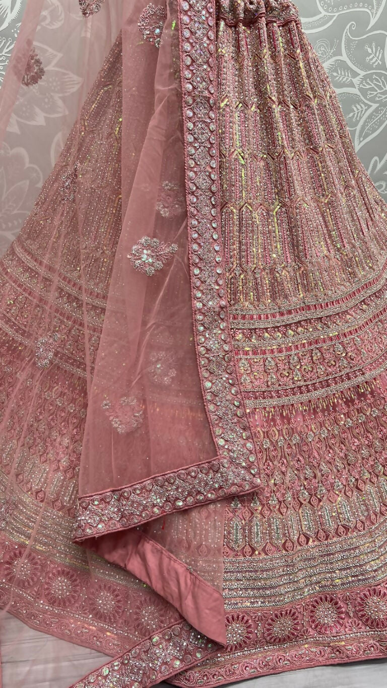 Pink Heavy Net Wedding Lehenga Choli with Rainbow Sequins & Dori