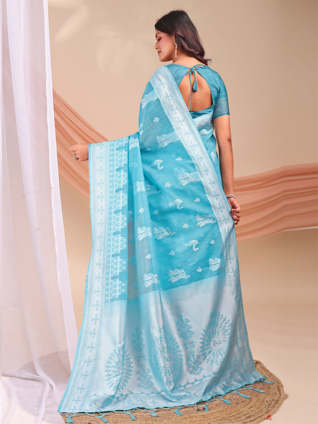 Varnika Sky Blue Linen Cotton Saree with Blouse Piece
