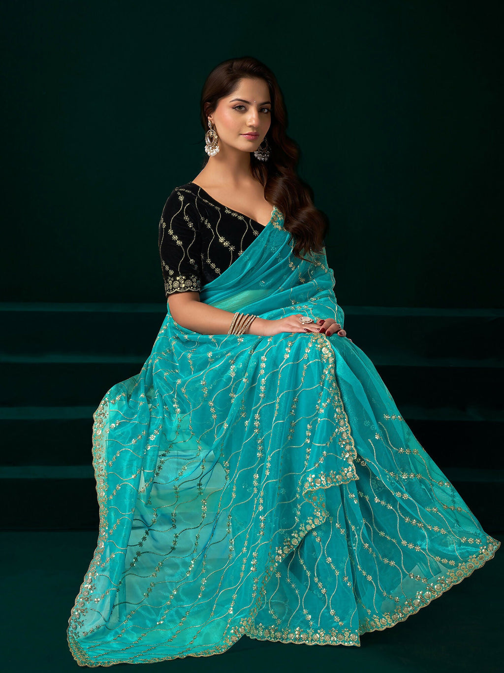 Turquoise Net Party Wear Saree with Black Velvet Blouse