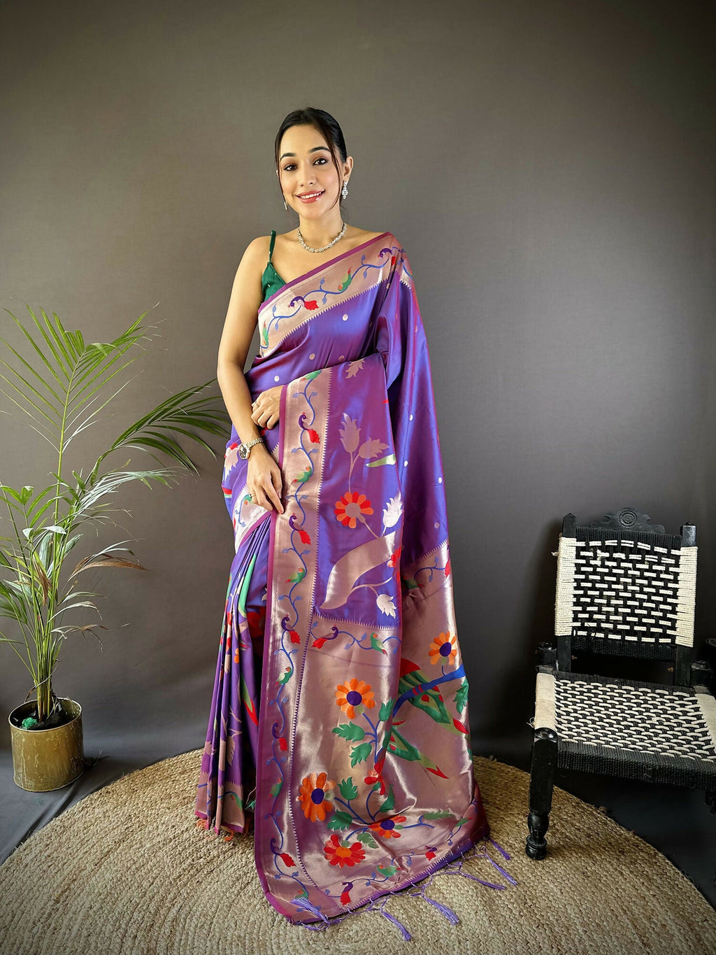 Purple soft silk Paithani saree with gold zari woven floral motifs