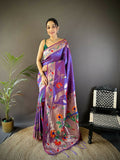 Purple soft silk Paithani saree with gold zari woven floral motifs