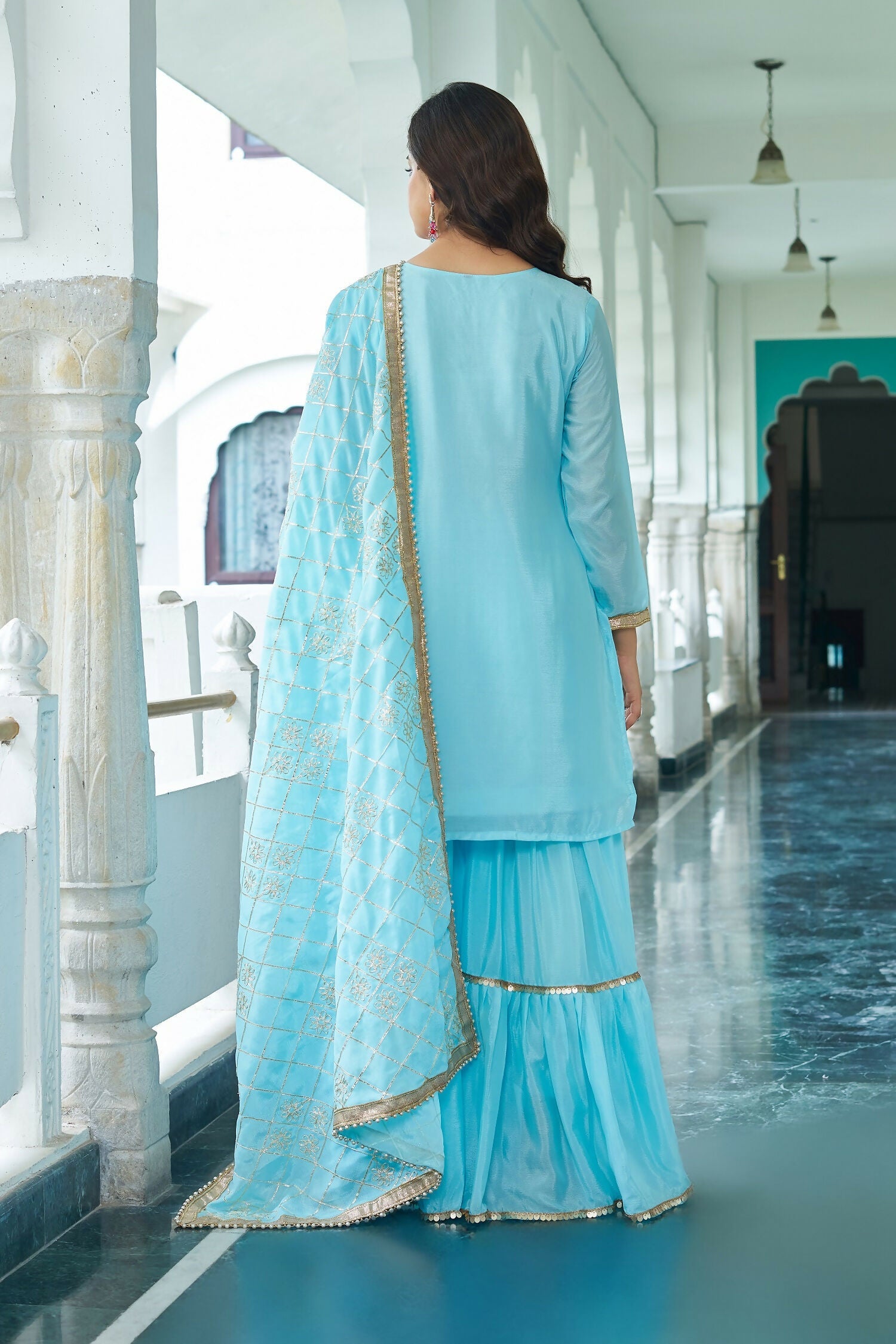 Sky Blue Chinon Silk Embroidered Sequence Work Kurta Set